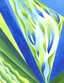 'Green and Blue music' after Georgia O'Keeffe. Painted by Nicky Boyce of Special Thing for Special People