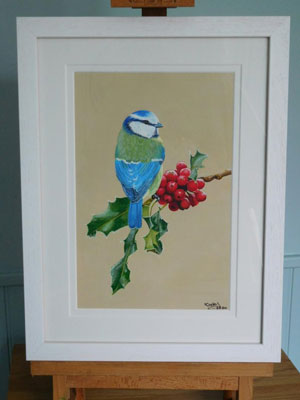 Blue Tit on Holly #2 . Painted by Nicky Boyce of Special Thing for Special People