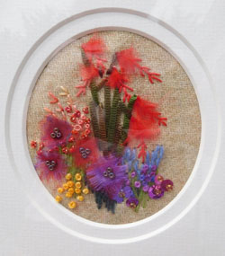 Crocosmia and Dahlias stitched by Nicky Boyce of Special Thing for Special People